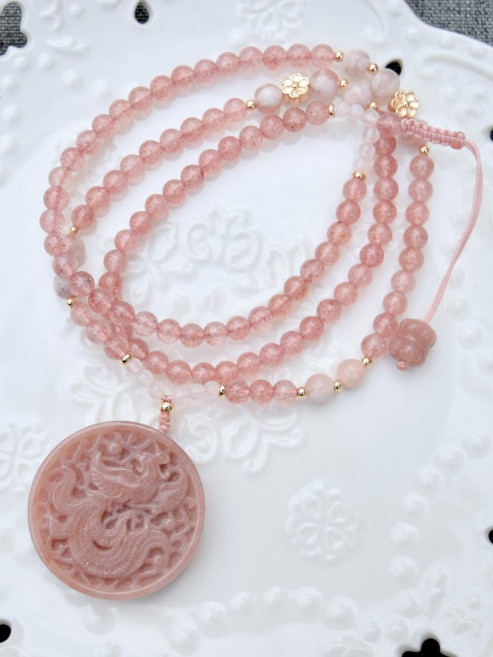 Circle Phoenix Pendant Necklace - Strawberry Quartz Agate Necklace